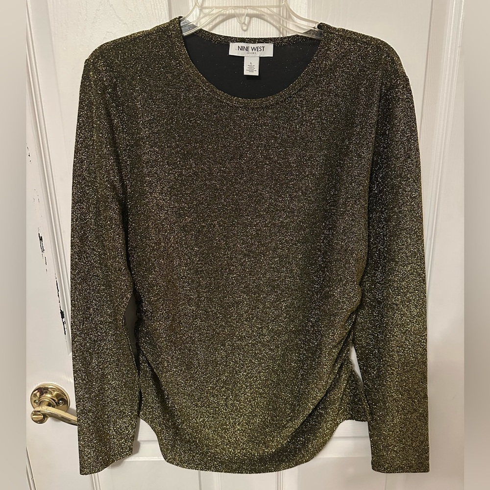 Nine West Long Sleeve Top Size L Olive Green Glitter Sparkles